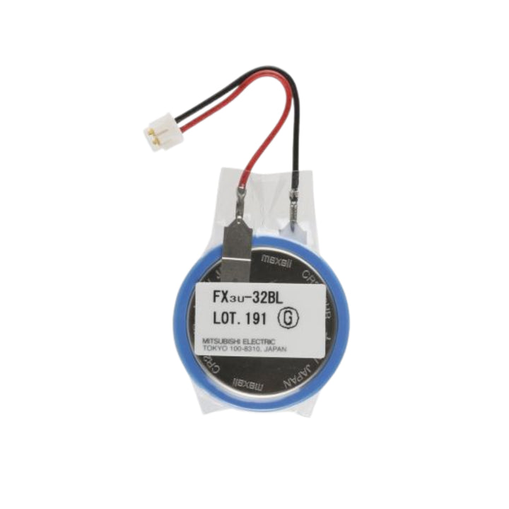 Mitsubishi FX3U-32BL backup battery module, lithium, for FX3U/FX3UC PLCs, ensures memory retention during power loss.