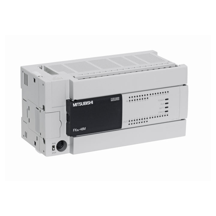 Mitsubishi FX3U-48MR/DS PLC with 48 I/O and relay outputs powered by 100–240V AC for industrial automation.