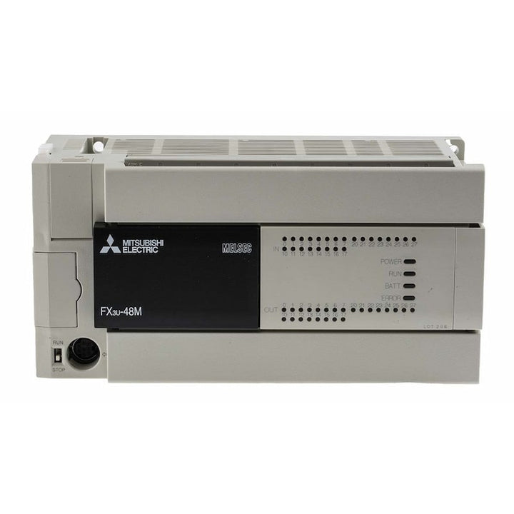 Mitsubishi FX3U-48MR/ES-A PLC, 48-point unit with 24 digital inputs and 24 relay outputs, 100–240V AC power supply.