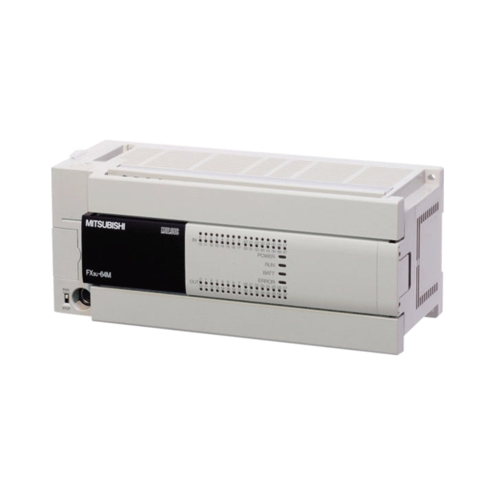 Mitsubishi FX3U-64MR/ES-A PLC, 64 I/O, 100–240V AC, relay output, compact FX3U Series controller for industrial automation.