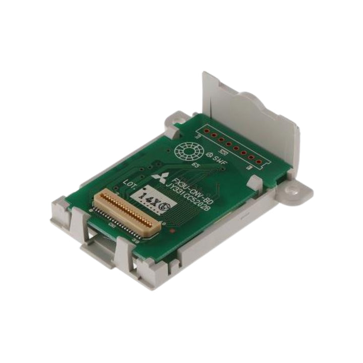 Mitsubishi FX3U-CNV-BD expansion board for FX3U PLCs, enables connection of analog and communication adapters, compact design.