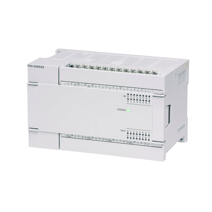 Mitsubishi FX5-32ER/ES compact PLC with 32 I/O, relay outputs, Ethernet, and AC power supply.