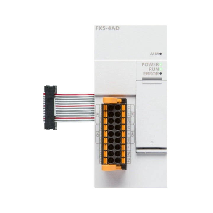 Mitsubishi FX5-4AD analog input module, 4 channels, ±10V / 0–10V / 4–20mA, 12-bit resolution for FX5U Series PLCs.
