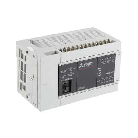 Mitsubishi FX5U-32MR/ES compact PLC with 32 I/O, relay outputs, and 100–240 V AC power for versatile industrial automation.