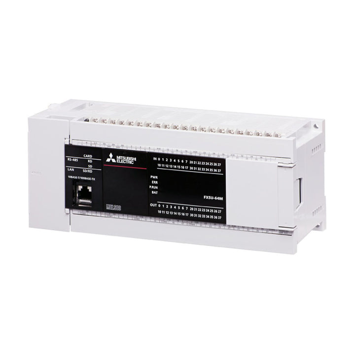 Mitsubishi FX5U-64MR-DS PLC, 64 I/O, 24V DC, relay outputs, iQ-F Series main unit for compact industrial automation control.