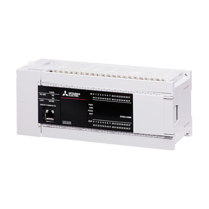 Mitsubishi FX5U-64MT-DSS PLC, 64 I/O, 24V DC, transistor sink outputs, spring terminals, FX5U series