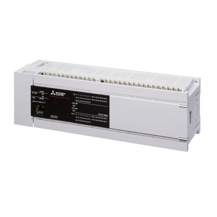Mitsubishi FX5U-80MR/ES PLC with 80 I/O and built-in Ethernet/IP for compact smart automation.