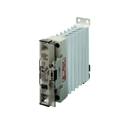 Omron G3PE-225B solid state relay with 25A output, DC 12–24V input, 24–240V AC output, ideal for resistive load control.