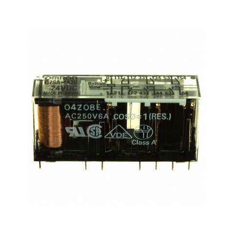 Omron G7SA-4A2B safety relay with 4NO + 2NC contacts, 24VDC coil voltage, and DIN rail mounting for industrial safety applications.