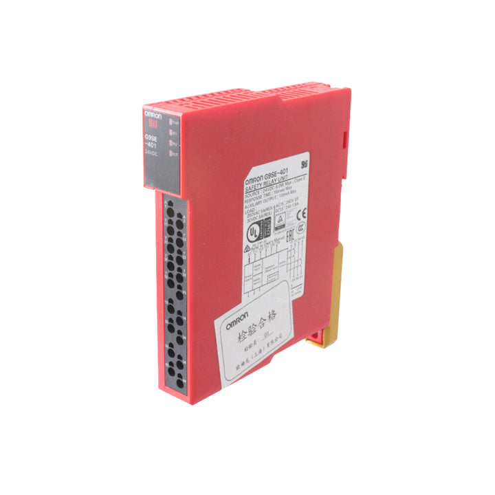 Omron G9SE-401 safety relay unit with 4 NO contacts, dual-channel input, 24 VDC operation, and slim 22.5 mm design for industrial safety applications.