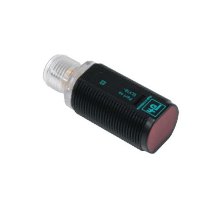 Pepperl+Fuchs GLV18-55/73/120 M18 retroreflective sensor with 0–4 m range, dual PNP outputs, polarization filter, and IP67-rated plastic housing.