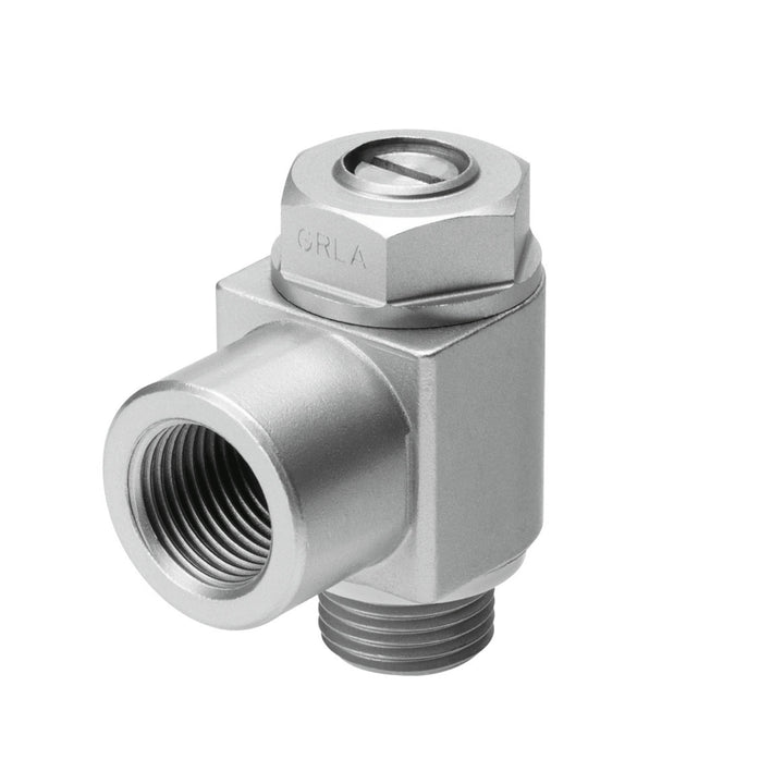 Festo GRLA-1/4-B flow control valve, G 1/4 thread, one-way metered exhaust, part no. 151172, GTIN 4052568010560.
