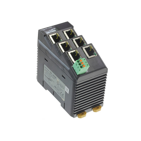 Omron GX-JC06 6-port EtherCAT junction slave with 24 VDC power supply, compact design, enabling flexible network topologies in industrial automation.