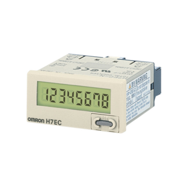 Omron H7EC-N 8-digit self-powered totalizing counter with LCD display, ideal for various industrial counting applications.