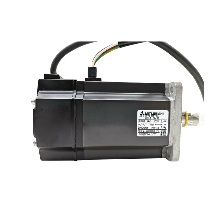 Mitsubishi HC-KFS73K servo motor, 750W, 3000 RPM, 200V, with brake, compact low inertia motor for automation systems.