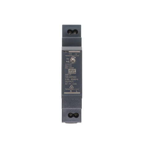 Mean Well HDR-15-5 DIN rail power supply, 15 W, 5 V DC, 2.4 A, compact and reliable for building and home automation.