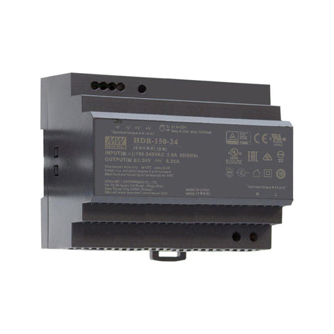 Mean Well HDR-150-24 DIN rail power supply, 150 W, 24 V DC, 6.25 A, slim and efficient for industrial and building automation.