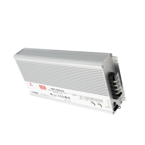 Mean Well HEP-1000-24 industrial power supply, 1000 W, 24 V DC, IP67 waterproof, fanless design for outdoor and industrial use.