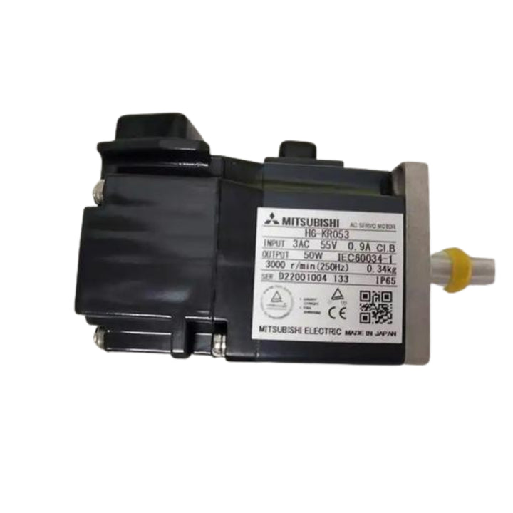Mitsubishi HG-KR053 servo motor, 50W, 3000 RPM, 22-bit absolute encoder, compact flange-mount, 200V class