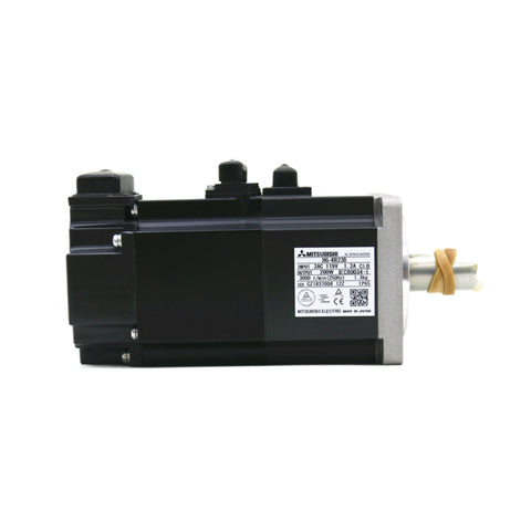 Mitsubishi HG-KR23B servo motor, 200W, 3000 RPM, 200V, with brake, compact size, ideal for high-precision industrial motion control.