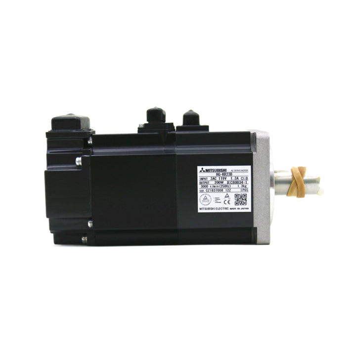 Mitsubishi HG-KR23B servo motor, 200W, 3000 RPM, 200V, with brake, compact size, ideal for high-precision industrial motion control.