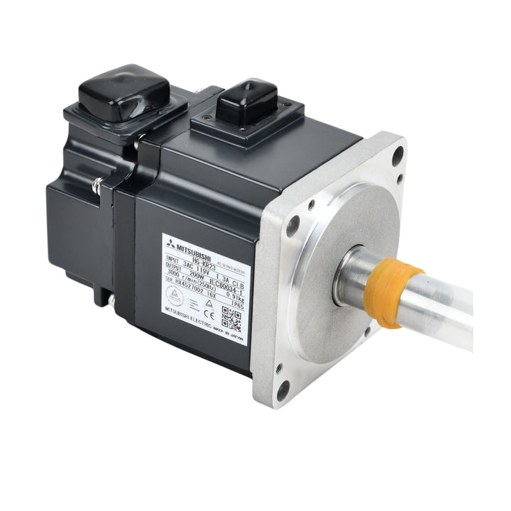 Mitsubishi HG-KR23 servo motor, 200W, 3000 RPM, 200V, with incremental encoder, for MR-J4 Series motion control systems.