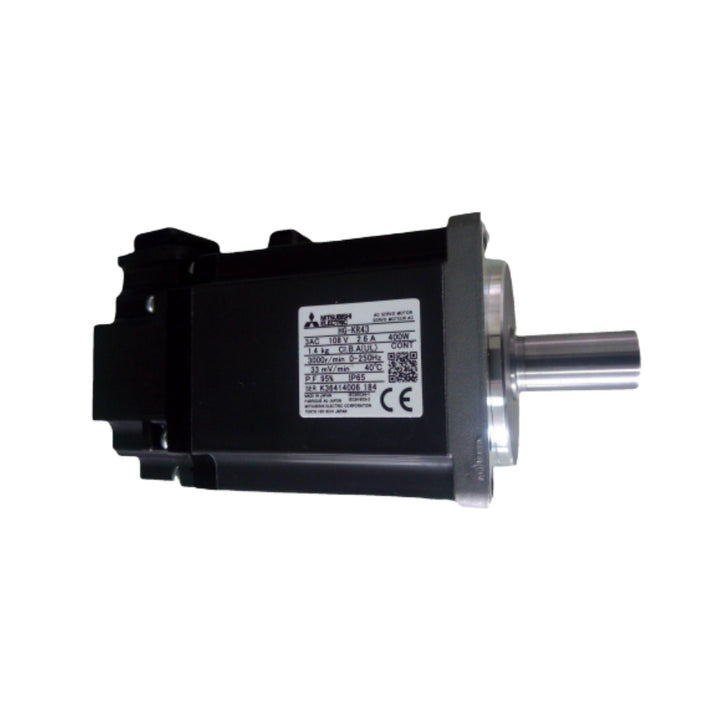 Mitsubishi HG-KR43 servo motor, 400W, 3000 RPM, 200V, 22-bit incremental encoder, compact MELSERVO J4 motor.