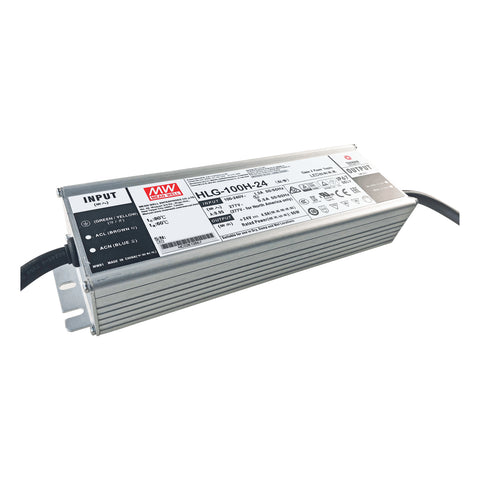 Mean Well HLG-100H-24 LED driver power supply, 100 W, 24 V DC, IP67 waterproof, ideal for indoor and outdoor lighting.