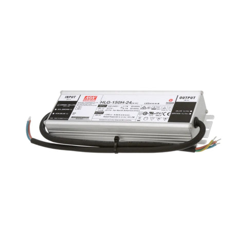 Mean Well HLG-150H-24 LED driver power supply, 150 W, 24 V DC, 6.3 A, IP67 waterproof for indoor and outdoor LEDs.