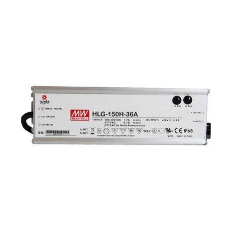 Mean Well HLG-150H-36A LED driver, 150 W, 36 V DC, adjustable output, IP67 waterproof design for outdoor lighting.