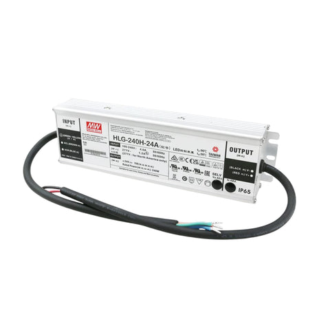 Mean Well HLG-240H-24A LED driver, 240 W, 24 V DC, 10 A, IP67 waterproof, reliable for industrial and outdoor LED lighting.