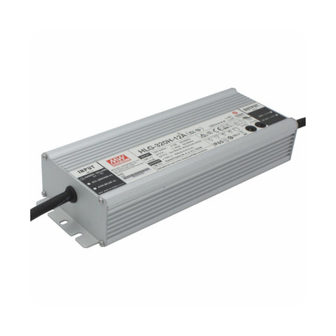 Mean Well HLG-320H-12A LED driver power supply, 320 W, 12 V DC, IP65/67 waterproof, adjustable for indoor and outdoor lighting.