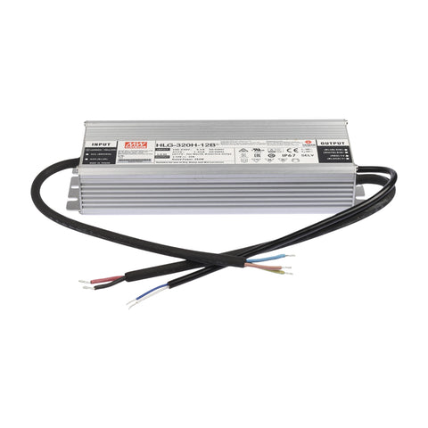 Mean Well HLG-320H-12B LED driver, 320 W, 12 V DC, 22 A, IP67 waterproof dimmable power supply for lighting systems.
