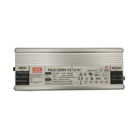 Mean Well HLG-320H-12 LED driver, 320 W, 12 V DC, 22 A, IP67 waterproof power supply for outdoor LED lighting.