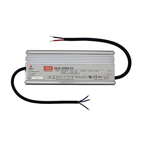 Mean Well HLG-320H-24 LED driver, 320 W, 24 V DC, 13.4 A, waterproof IP67 design for outdoor and industrial lighting.