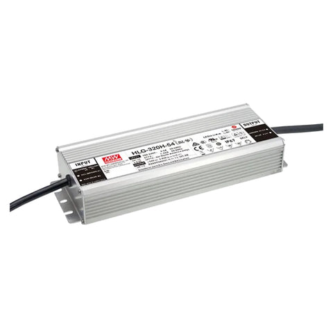 Mean Well HLG-320H-54A LED driver power supply, 320 W, 54 V DC, IP65/67 waterproof, adjustable for indoor and outdoor lighting.