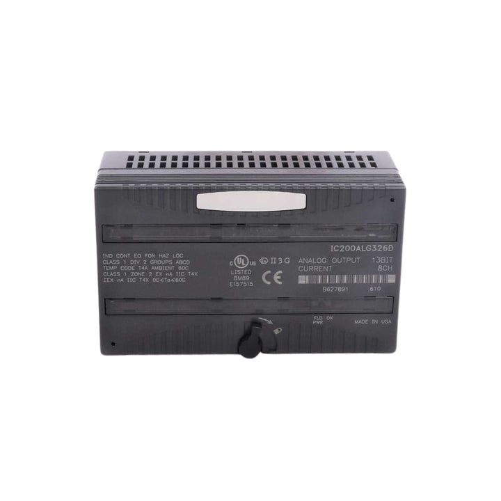 GE IC200ALG326 VersaMax 4-channel analog input module, ±10V voltage range, 12-bit resolution, DIN rail mountable.