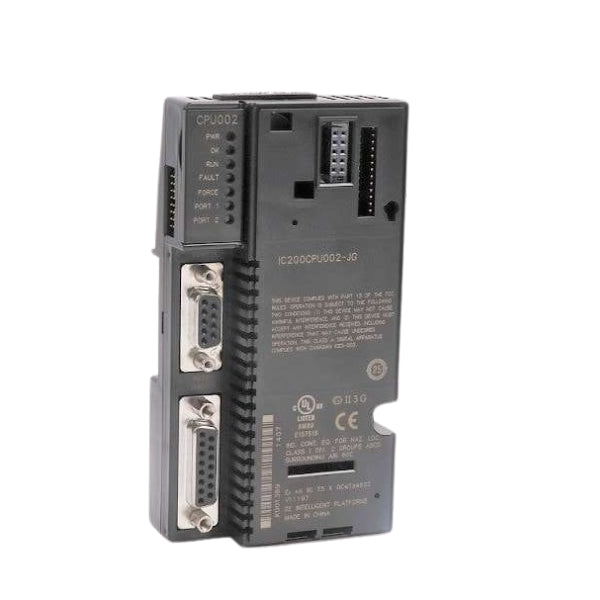 GE IC200CPU002 VersaMax CPU module, 24KB memory, RS-232 serial port, built-in power supply, for compact PLC systems.