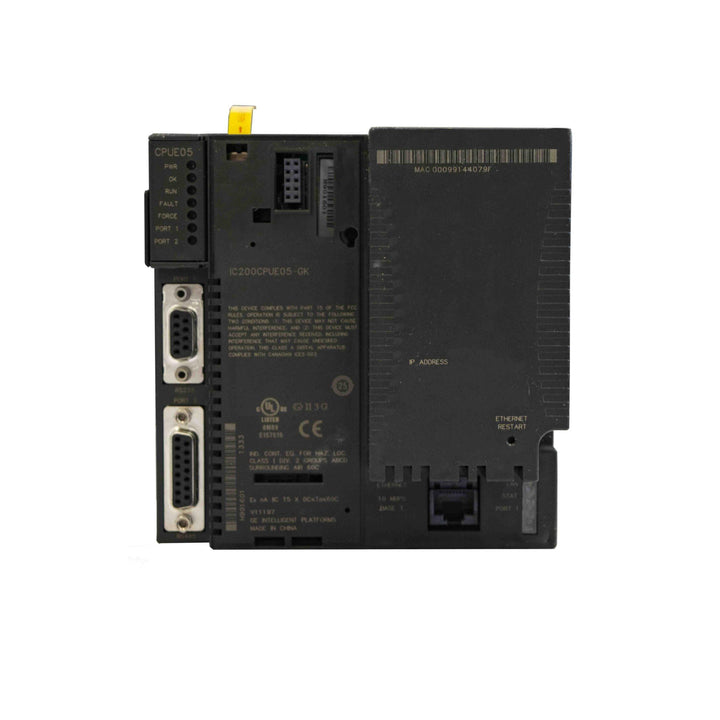 GE IC200CPUE05 VersaMax CPU with Ethernet, serial port, 1MB memory, and real-time clock, for industrial automation.