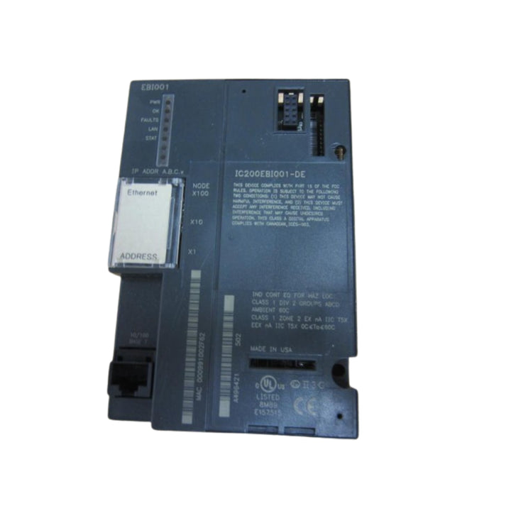 GE IC200EBI001 VersaMax Ethernet Bus Interface module for remote I/O expansion, DIN rail mountable