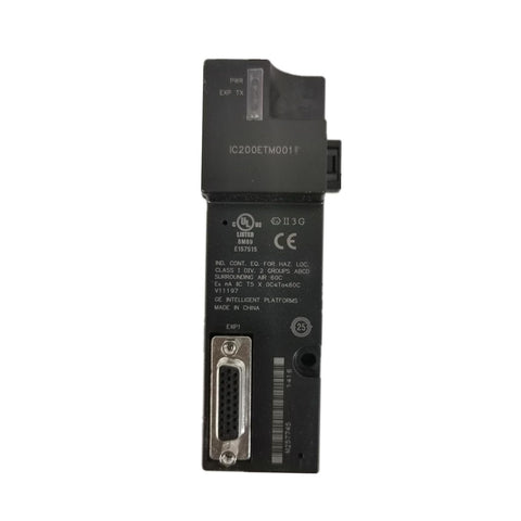 GE IC200ETM001 VersaMax Ethernet interface module, 10BaseT, supports SRTP and EGD protocols, DIN rail mount.