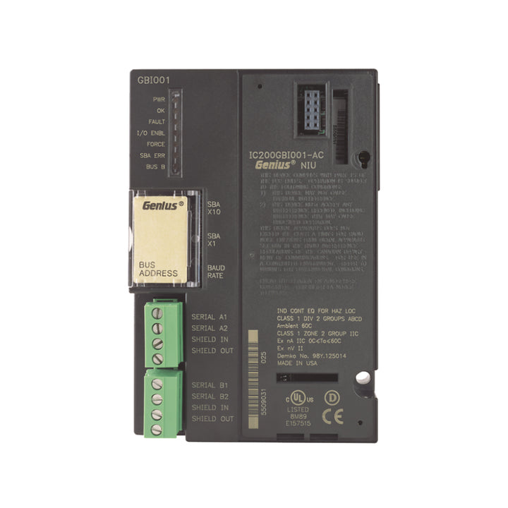 GE IC200GBI001 VersaMax Genius Bus Interface module, connects I/O to Genius networks, compact DIN rail mount