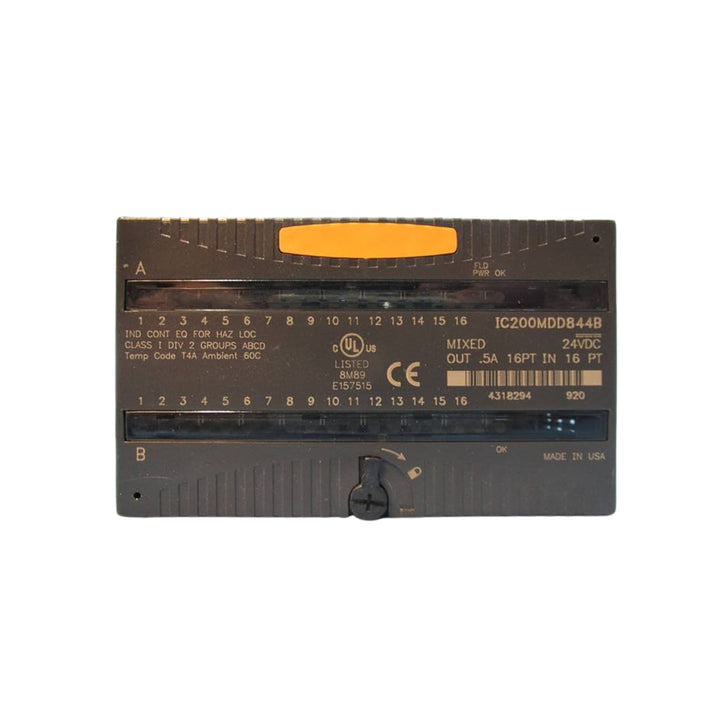 GE IC200MDD844 VersaMax I/O module, 16 DC inputs and 16 sourcing transistor outputs, 24VDC, compact and efficient.