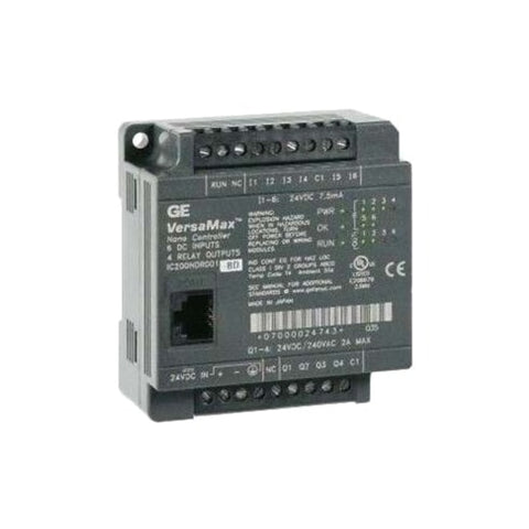 GE IC200NDR001 VersaMax Nano PLC with 14 DC inputs, 10 relay outputs, and 120/240 VAC power, for compact industrial automation control.