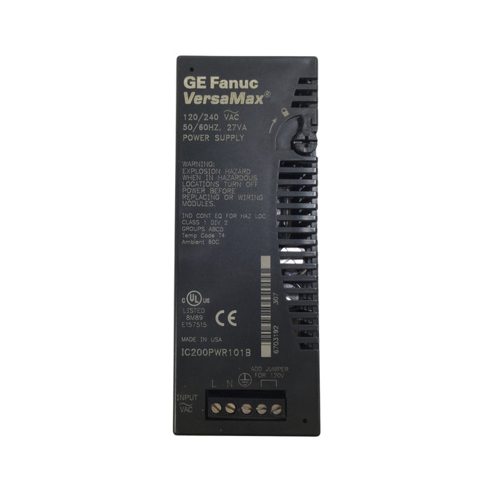 GE IC200PWR101 VersaMax power supply, 120/240VAC input, 10W output, compact DIN rail mount module for CPU and I/O.