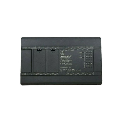 GE Fanuc IC200UAL005 VersaMax Micro PLC with 13 DC inputs, 9 relay outputs, 1 analog output, and 24 VDC power for industrial automation.