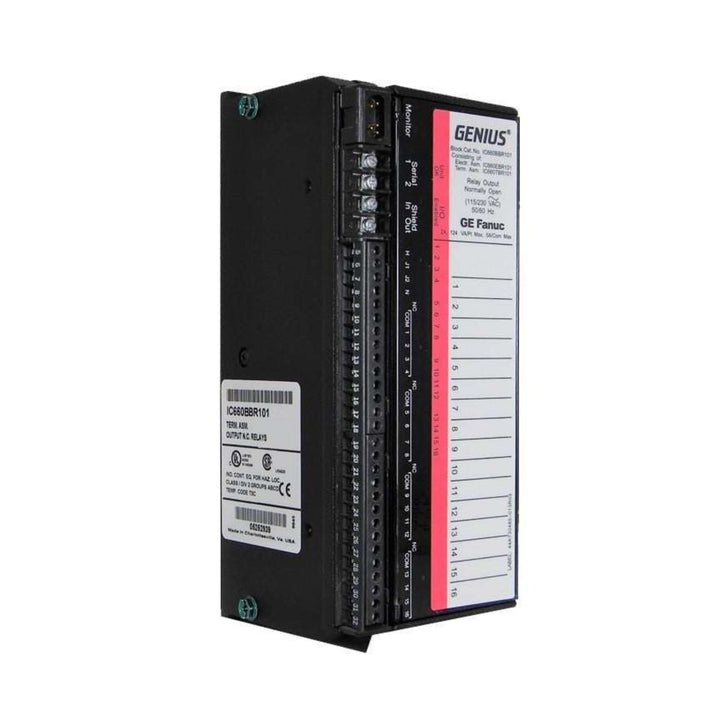 GE Fanuc IC660BBR101 relay output block, 16 normally open circuits, 5–250V AC/DC, for Genius I/O systems.