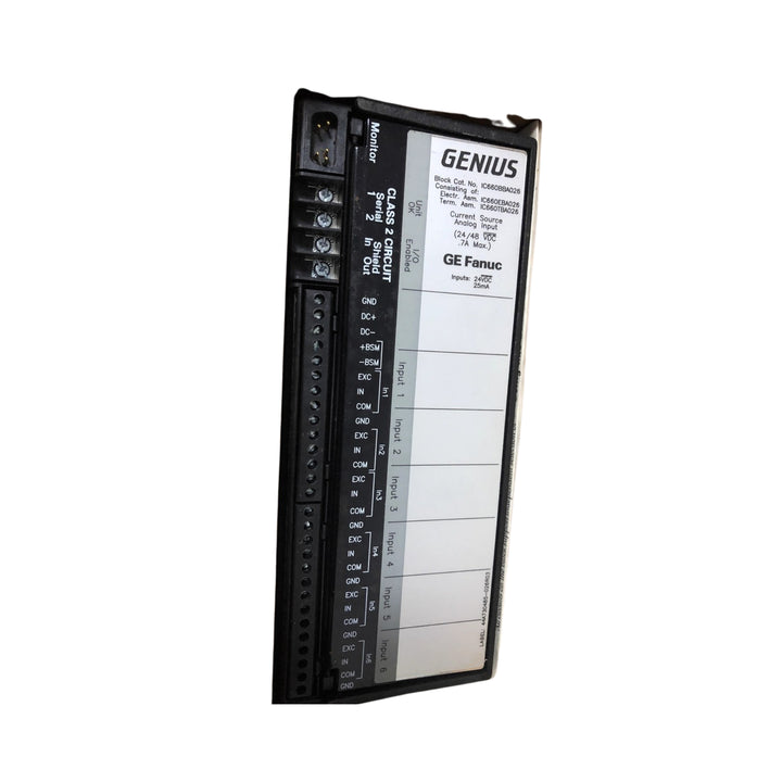 GE IC660EBA026 analog I/O block, 0–10 VDC, 4 inputs and 2 outputs, 24 VDC powered, field-mountable for Genius I/O automation systems.