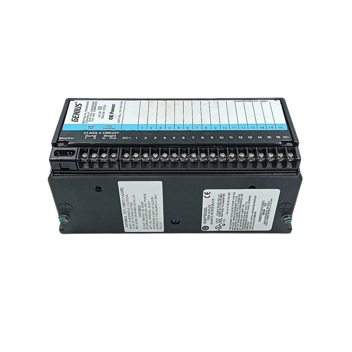 GE IC660EBD020 DC I/O block, 32 configurable circuits, 5/12/24 VDC source or sink logic, field-mountable for Genius I/O systems.