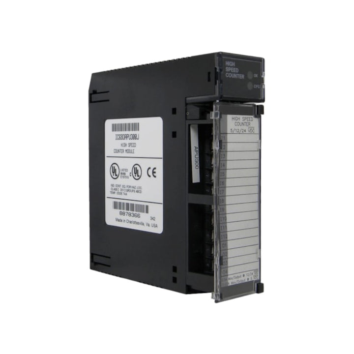 GE IC693APU300 high-speed counter module for Series 90-30, 2 channels, 500 kHz input, 12–24VDC, quadrature and pulse compatible.
